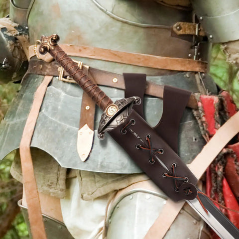 Brown PU Leather Medieval Sword Dagger Frog Scabbard With Adjustable Rope vintage style sheath for cosplay on armor