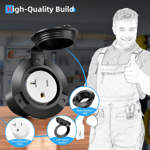 Heavy Duty 15A 20A Flanged Outlet NEMA 5-20 Female Receptacle With Weather Cover For Shore Power RVs Truck Bed Block Heater Indoor Outdoor Use ETL Listed, black ABS