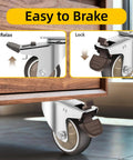 Easy to use brakes on Smooth 1.5 Inch TPR Rubber Caster Wheels Set Of Four With Swivel Brakes Heavy Duty Three Hundred Pound Capacity.