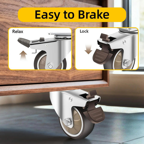 Easy to use brakes on Smooth 1.5 Inch TPR Rubber Caster Wheels Set Of Four With Swivel Brakes Heavy Duty Three Hundred Pound Capacity.