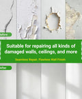 Comparison of wall damage before and after using 12-Inch By 12-Inch Drywall Repair Kit With 4 Big Patches and self-adhesive mesh.