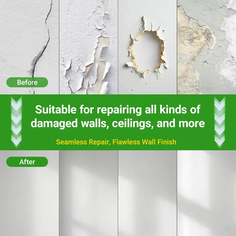 Comparison of wall damage before and after using 12-Inch By 12-Inch Drywall Repair Kit With 4 Big Patches and self-adhesive mesh.