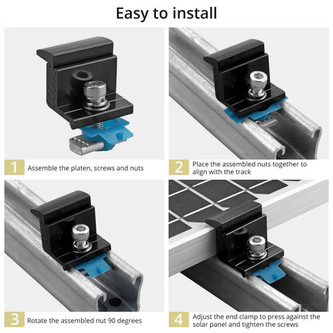 Installation process of 10 Pack Adjustable Solar Panel End Clamps For Unistrut Channels Featuring 30 To 50mm Aluminum Mounts And Rustproof Fasteners.