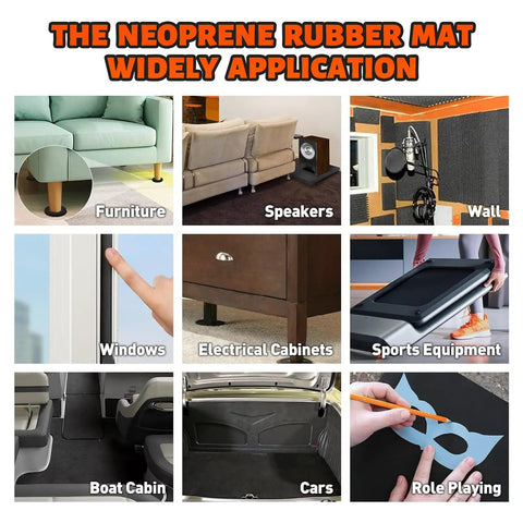 Heavy Duty 3/4 Inch Thick Neoprene Foam Sheet Roll With Snap And Peel Adhesive Backing For Dead Quiet Soundproofing And Zero Hassle Cosplay Padding In Sharp Black application in various settings.