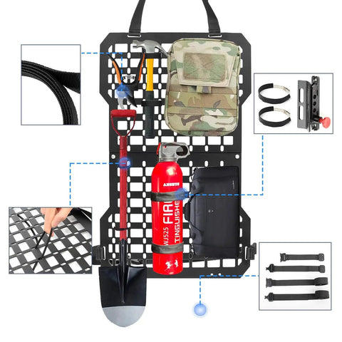 Vehicle MOLLE Panel Back Seat Organizer For Trucks And Boats Mount Rack With Fire Extinguisher Quick Mount Hook And Loop Fasteners Elastic Rope Adjustable Versatile Panel For Secure Gear And Easy Access displayed with attachments and tools