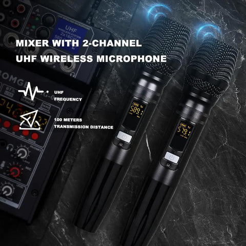 Lit 4 Channel Karaoke Mixer With Dual UHF Wireless Mics Up To 329 Feet, XLR and 1/4 Inch Inputs, shown with two microphones