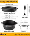 Dimensions of 10 Qt Camping Dutch Oven With Lid For Oven Stove Grill Or Campfire Pre Seasoned Cast Iron Pot With accessories