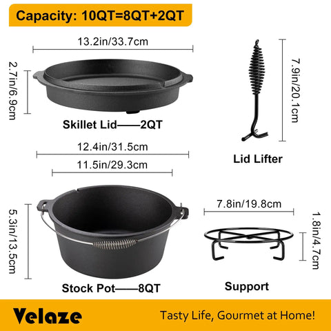 Dimensions of 10 Qt Camping Dutch Oven With Lid For Oven Stove Grill Or Campfire Pre Seasoned Cast Iron Pot With accessories