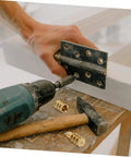 Heavy Duty Copper Dowel Table Leaf Hardware Set With Bolt Sleeve Connectors And Fasteners For Replacing Table Leaves And Cabinet Hardware Spares Lifetime Parts DIY Friendly And Built To Last, brass sleeve and hinge being installed