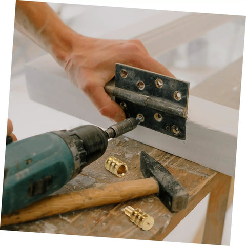 Heavy Duty Copper Dowel Table Leaf Hardware Set With Bolt Sleeve Connectors And Fasteners For Replacing Table Leaves And Cabinet Hardware Spares Lifetime Parts DIY Friendly And Built To Last, brass sleeve and hinge being installed