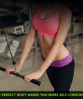 Person exercising with All In One Gym Cable Attachments Set With Tricep Rope Double D Row Handle V Bar Rotating Straight Bar