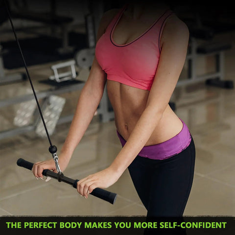 Person exercising with All In One Gym Cable Attachments Set With Tricep Rope Double D Row Handle V Bar Rotating Straight Bar