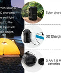 4 Pack Solar USB Rechargeable Camping Lanterns With 3 AA Battery Backup, showing solar, DC charging, and battery use.