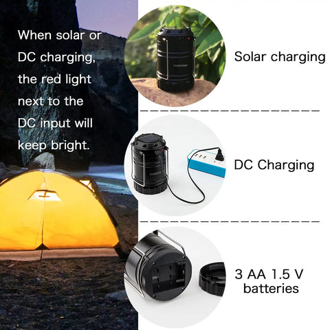 4 Pack Solar USB Rechargeable Camping Lanterns With 3 AA Battery Backup, showing solar, DC charging, and battery use.