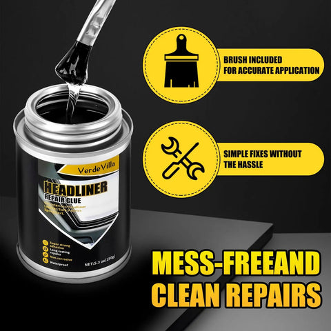 Headliner Repair Kit With Brush Adhesive For Cars, can with built-in brush on dark background, 150ml, upholstery glue for auto interiors
