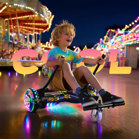 Child enjoying Self Balancing Scooter Seat Attachment With Go Kart For Kids Teens And Adults LED Lights Bluetooth Built In Adjustable Frame