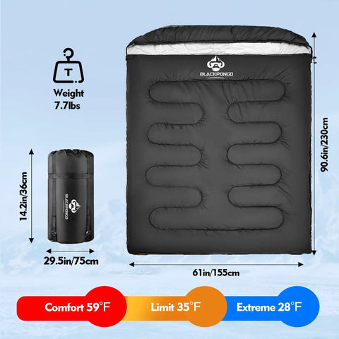 Two Person Sleeping Bag For All Seasons With Wraparound Zippers, black XL size laid out and packed, temperature range shown