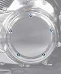 Badass Slick Blue Titanium Alloy Derby Cover Screws For Harley Road Glide FLTRX And Heritage Softail Classic FLSTC, installed on a motorcycle cover.