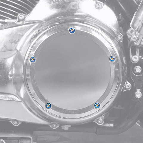 Badass Slick Blue Titanium Alloy Derby Cover Screws For Harley Road Glide FLTRX And Heritage Softail Classic FLSTC, installed on a motorcycle cover.