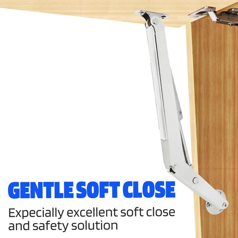 Side view of Two Pack 250N Lid Support Hinges For Toy Boxes installed on wooden lid, heavy duty safety slow close feature