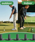 Image of Adjustable Rubber Golf Tees For Mats And Simulators No Slip Durable Indoor Outdoor Practice Tees With Holder Perfect For Golf Simulators Driving Range And Home Mats One Point Five Inch Height Five Pack with golfer practicing both indoors and outdoors