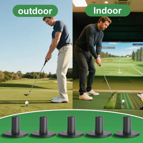 Image of Adjustable Rubber Golf Tees For Mats And Simulators No Slip Durable Indoor Outdoor Practice Tees With Holder Perfect For Golf Simulators Driving Range And Home Mats One Point Five Inch Height Five Pack with golfer practicing both indoors and outdoors