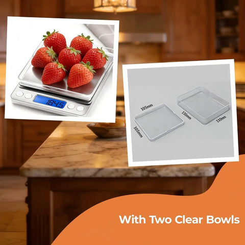 High Precision Kitchen Scale With 105 Oz Capacity And 0.01 Oz Accuracy, stainless steel surface with strawberries and dual trays