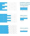 Installation patterns showing 1/3 step, offset, and chevron for Peel And Stick Vinyl Wood Floor Tiles 54 Sq Ft White Washed Plank 36 Pack Rigid Core Self Adhesive Flooring For Quick No Fuss Install Diy Friendly And Durable Waterproof Home Makeover.