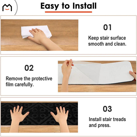 Easy installation steps for Non Slip Carpet Stair Treads For Wooden Stairs Indoor Stick On Runners 14 Pcs 8x30 Inches Black.