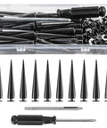 Front view of 40-set black cone spikes and rivets kit with tool in plastic storage box.