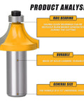 Product analysis of 70 Piece One Half Inch Shank Tungsten Carbide Router Bit Set, showing rail bearing and durability features.