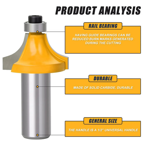 Product analysis of 70 Piece One Half Inch Shank Tungsten Carbide Router Bit Set, showing rail bearing and durability features.