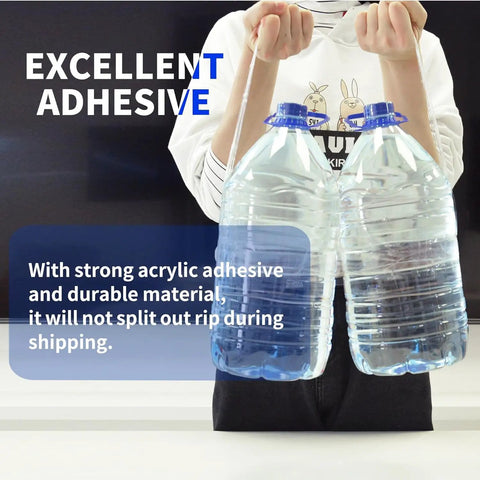 Person holding two large water bottles with tape, showcasing strength and strong hold of Packing Tape With Dispenser 2.6 Mil Thick 1.88 Inch By 55 Yard Heavy Duty Clear Box Tape For Carton Sealing Moving And Shipping Crystal Clear Adhesive Strong Hold Quick Cut Dispense No Jam Ideal For Home And Office Shipments.