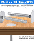 Two zinc elevator bolts with flat heads, 1/4-20 x 2, threaded shanks on a wooden surface.