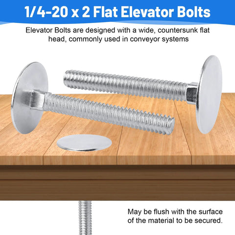 Two zinc elevator bolts with flat heads, 1/4-20 x 2, threaded shanks on a wooden surface.