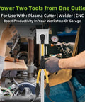 Kickass Heavy Duty 50 Amp NEMA 6-50P To Dual 6-50R Y Splitter Adapter Cord For Welders And EV Chargers, powering two tools in a workshop.