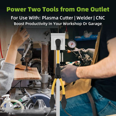 Kickass Heavy Duty 50 Amp NEMA 6-50P To Dual 6-50R Y Splitter Adapter Cord For Welders And EV Chargers, powering two tools in a workshop.