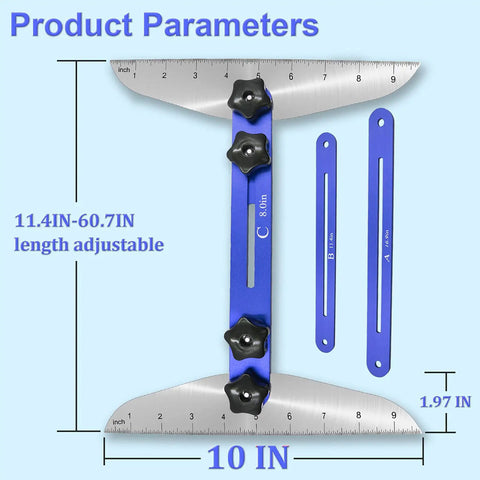 Stair Treads Gauge Template Tool Adjustable Staircase Jig with measuring set, 11.4-60.7 inches, shown against a blue background.