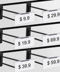 Heavy Duty 8 Inch Slatwall Double Bar Hooks Black 50 Pack For Retail Displays And Trade Shows Tough As Nails Powder Coated Steel With Anti Slip Tilted Tip For High Traffic Environments installed with price tags