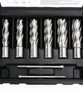 ACEDTOOL annular cutter set, 6 pcs M2 HSS, Weldon shanks, silver cutters in black carrying case