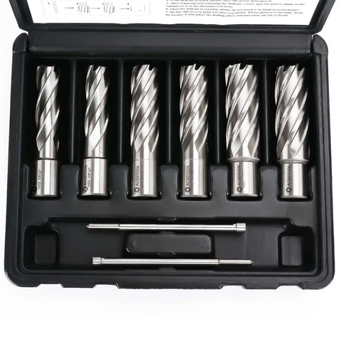 ACEDTOOL annular cutter set, 6 pcs M2 HSS, Weldon shanks, silver cutters in black carrying case