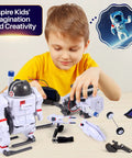 Solar Robot Science Kit For Kids Ages 8 To 14 Gift Set With Six Cool Buildable Robots That Move On Land, 120 Piece STEM Toys For Boys And Girls Teens 9 10 11 12 13, Inspiring Science Exploration And Creative Experiments. boy building white solar robot kit with solar panel