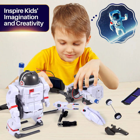 Solar Robot Science Kit For Kids Ages 8 To 14 Gift Set With Six Cool Buildable Robots That Move On Land, 120 Piece STEM Toys For Boys And Girls Teens 9 10 11 12 13, Inspiring Science Exploration And Creative Experiments. boy building white solar robot kit with solar panel