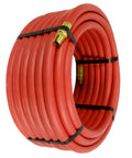 Badass 50 Foot Red Rubber Air Hose Delivers Knockout Durability and Sweet Flex for Your Shop with Dual Quarter Inch Male NPT Fittings coiled.