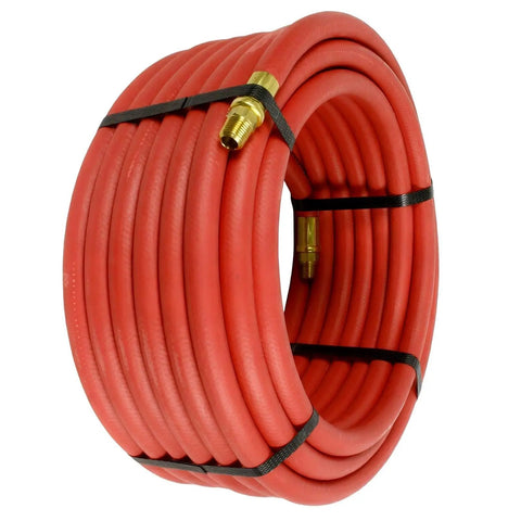 Badass 50 Foot Red Rubber Air Hose Delivers Knockout Durability and Sweet Flex for Your Shop with Dual Quarter Inch Male NPT Fittings coiled.