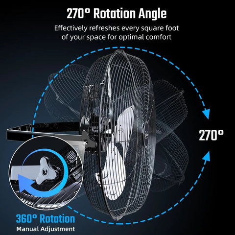 Side view of Industrial 18 Inch Wall Mount Fan With 4200 CFM High Velocity Airflow, showing 360° rotation for optimal comfort.