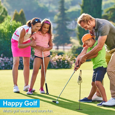 Family enjoying a game of golf on a sunny day, with adults and children learning to putt on the green.