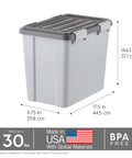 Gray Stackable Dog Food Storage Container With Airtight Gasket Seal And Four Latches, Holds 30 lbs, Dimensions Shown