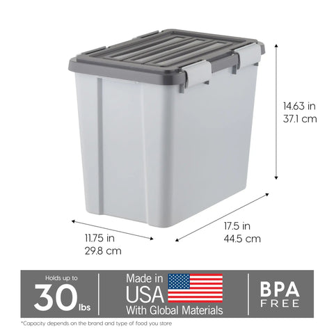 Gray Stackable Dog Food Storage Container With Airtight Gasket Seal And Four Latches, Holds 30 lbs, Dimensions Shown