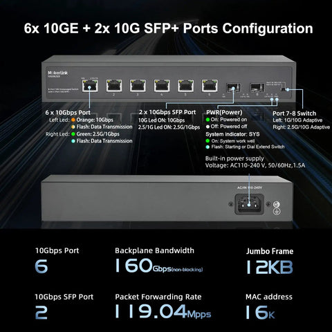 Front view of Beefy 8-Port 10Gbps Ethernet Switch With Dual 10G SFP Plus Slots And 6 x 10G RJ45 Ports, showing port configuration.